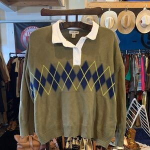 Lands' End Olive V-Neck Rugby Sweater with Navy & Yellow Argyle